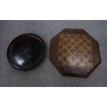 A TUNBRIDGE WARE OCTAGONAL CHESS BOARD together with a Japanese brass wire and lacquer dish