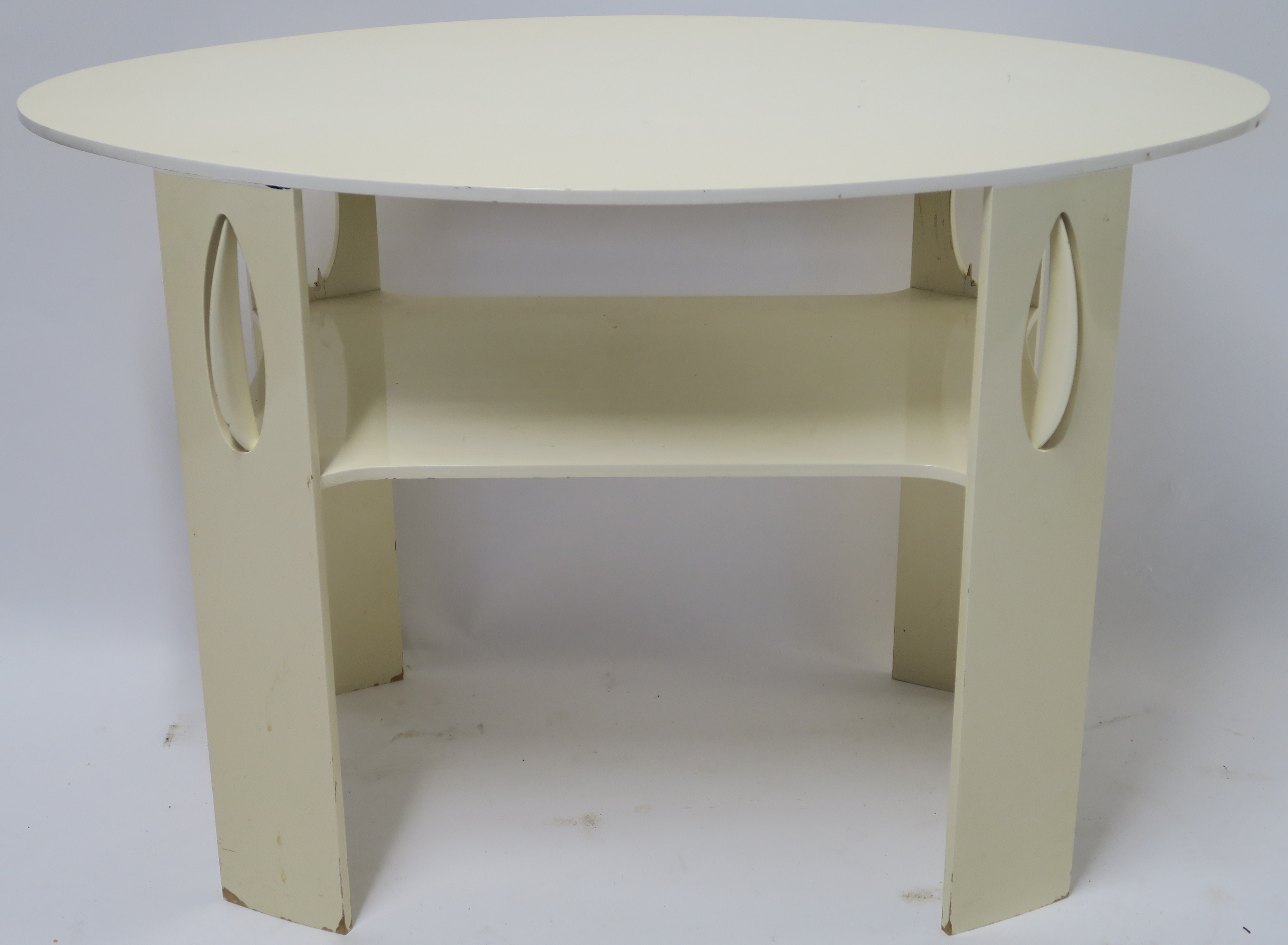 AN OVAL WHITE LACQUERED OCCASSIONAL TABLE after Charles Rennie Mackintosh, 61cm high, 93cm wide