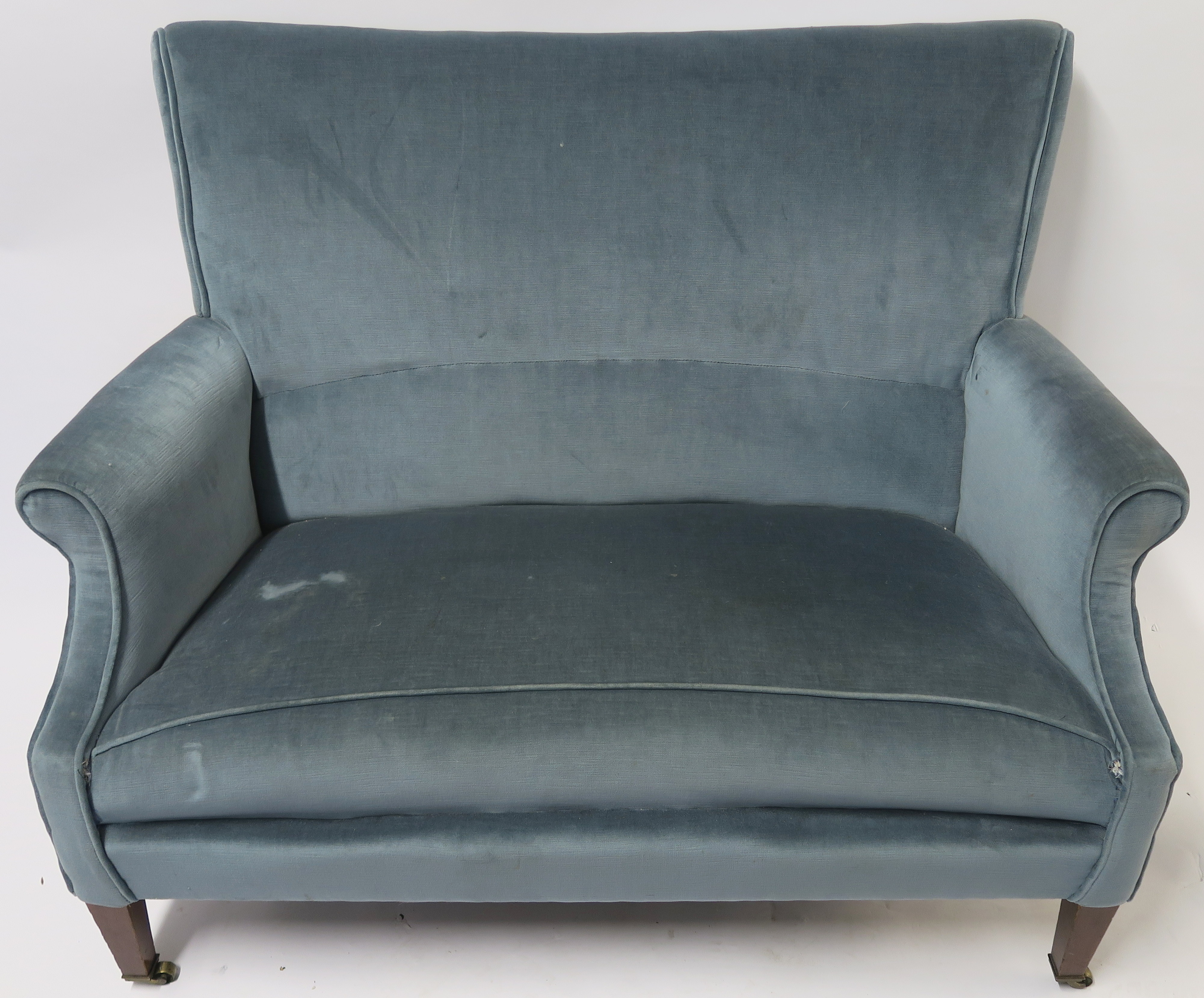 AN EDWARDIAN TWO SEATER SOFA, upholstered in a blue fabric, 102cm high,126cm wide and 80cm deep