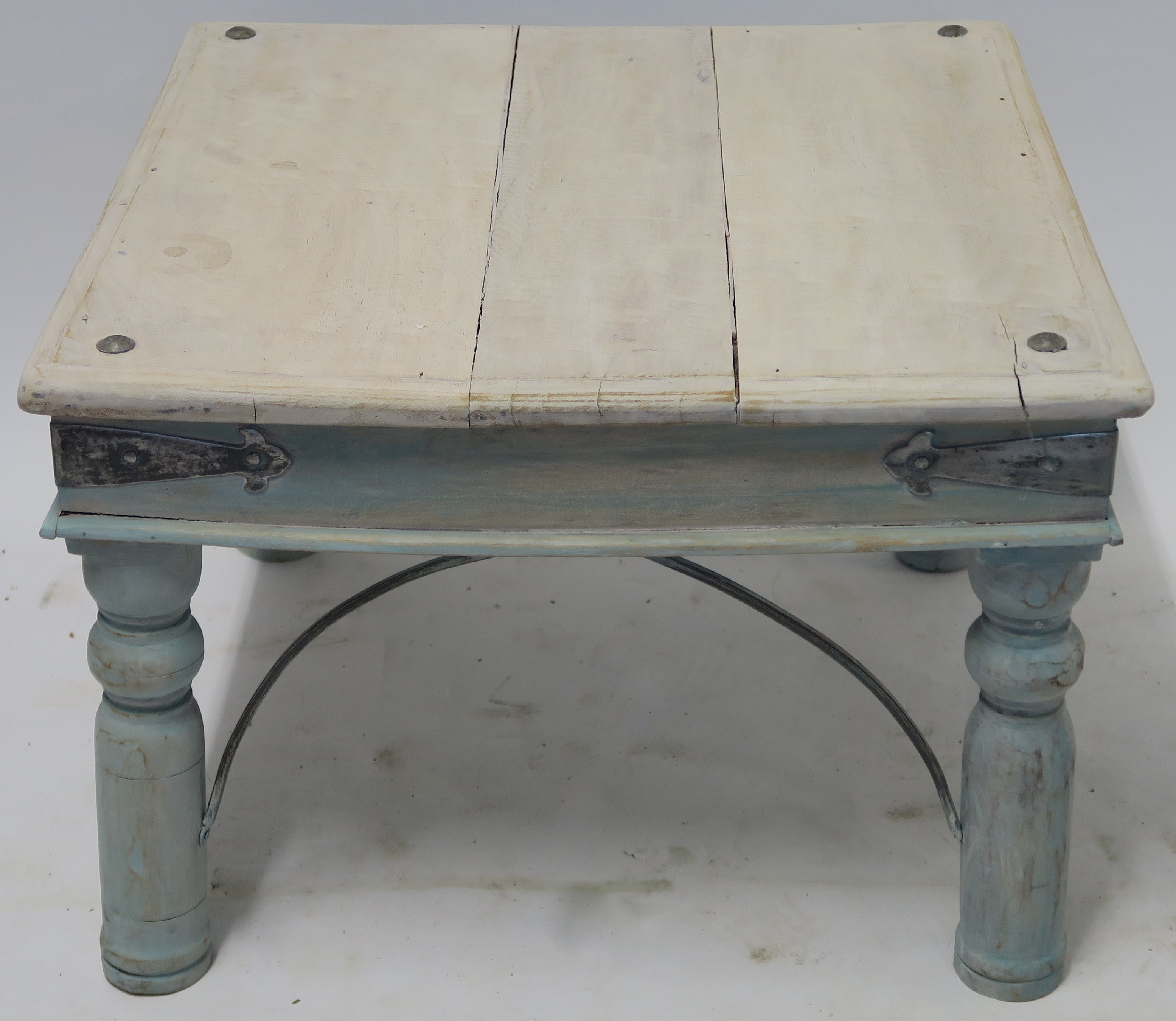 AN INDIAN MODERN PAINTED SIDE TABLE 41cm high, 61cm wide and 61cm deep and three bentwood chairs (4)