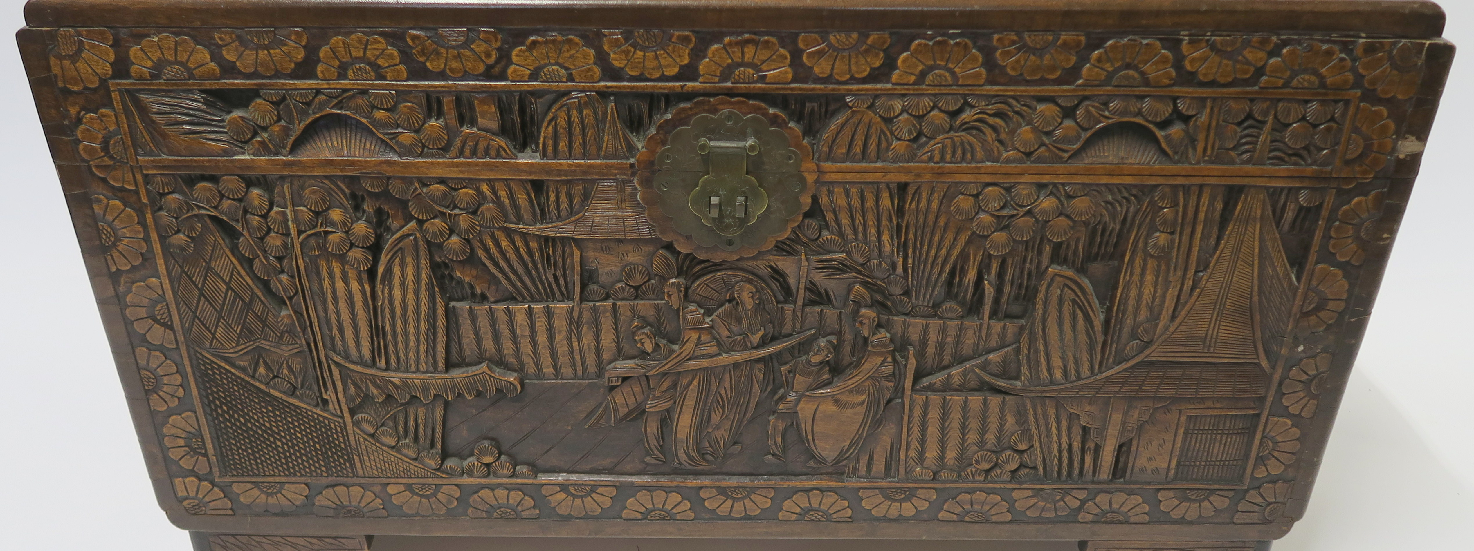 A CHINESE CAMPHOR WOOD CARVED BLANKET CHEST carved allover with figures in gardens, 59cm high, 105cm - Image 3 of 7