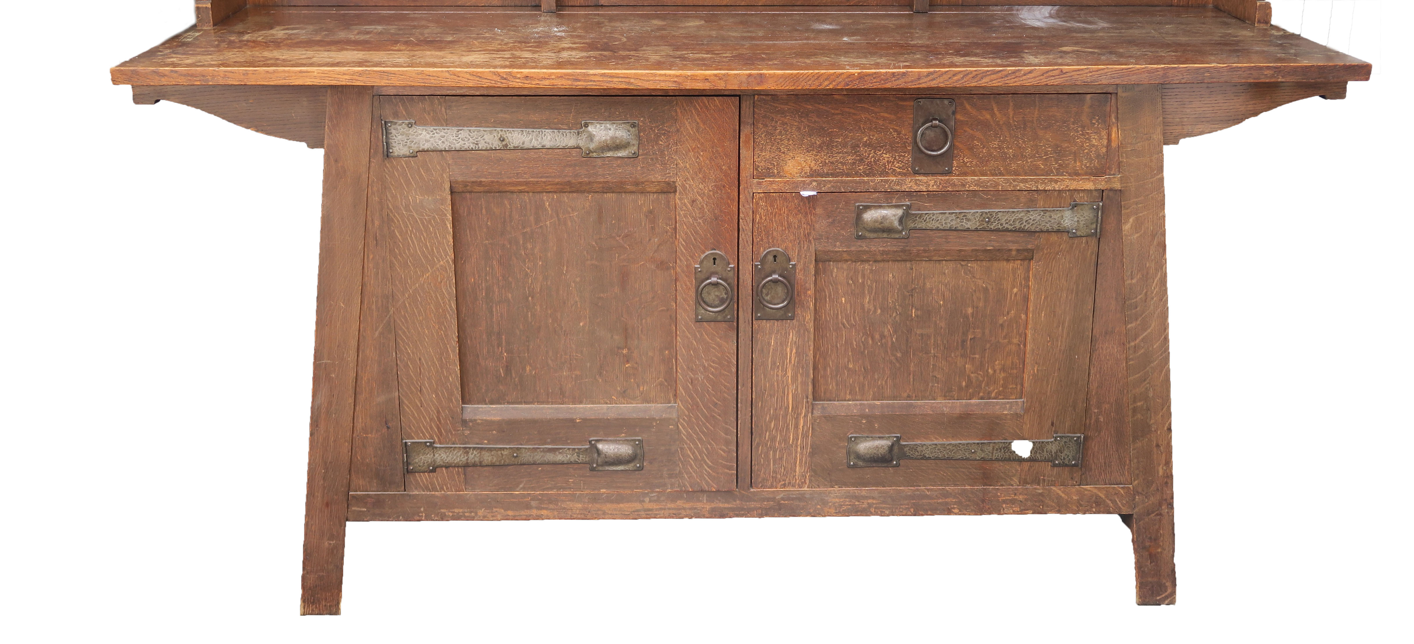 A LIBERTYS OF LONDON OAK ARTS AND CRAFTS SIDEBOARD the overhanging cornice above a leaded glass - Image 7 of 15