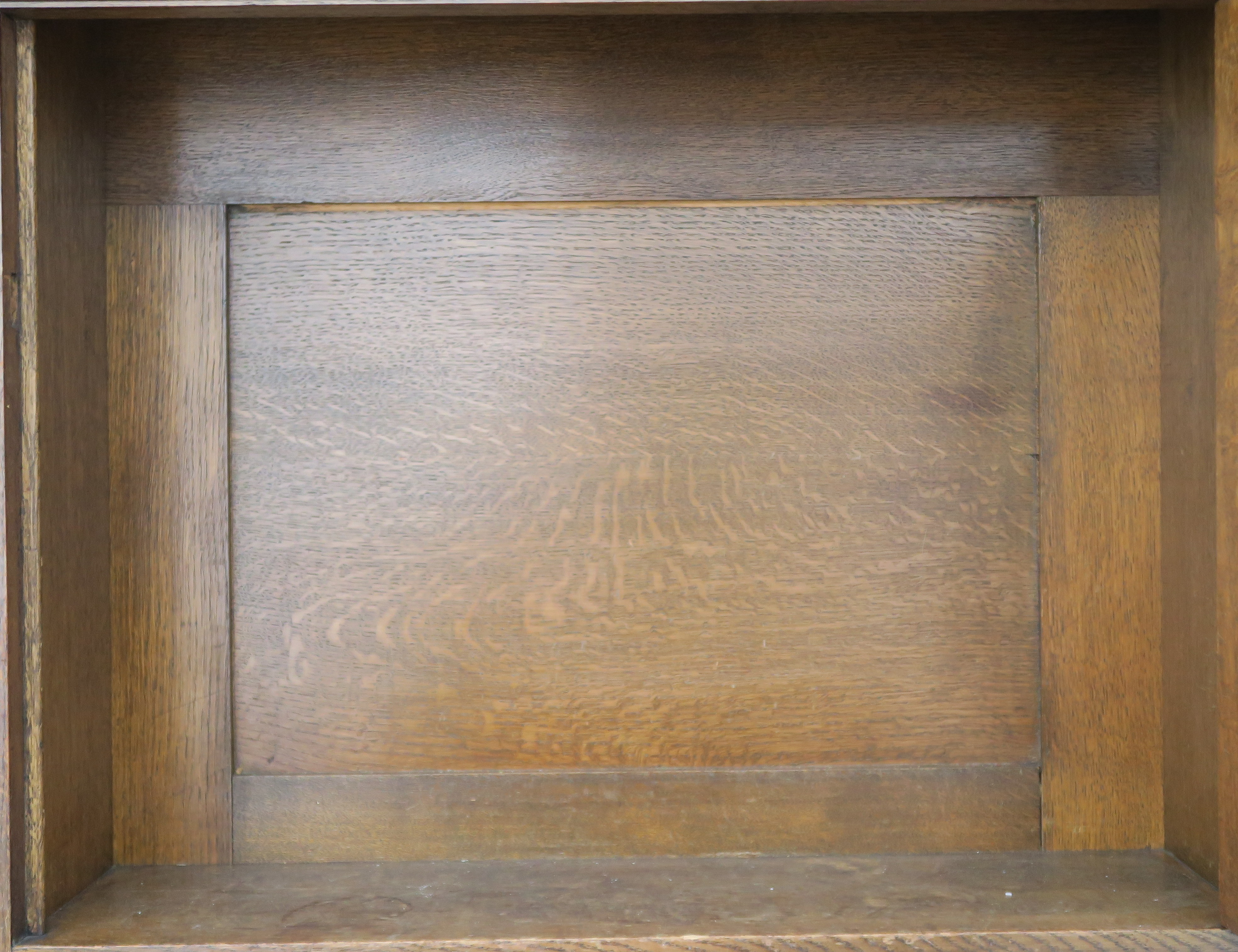 A LIBERTYS OF LONDON OAK ARTS AND CRAFTS SIDEBOARD the overhanging cornice above a leaded glass - Image 5 of 15