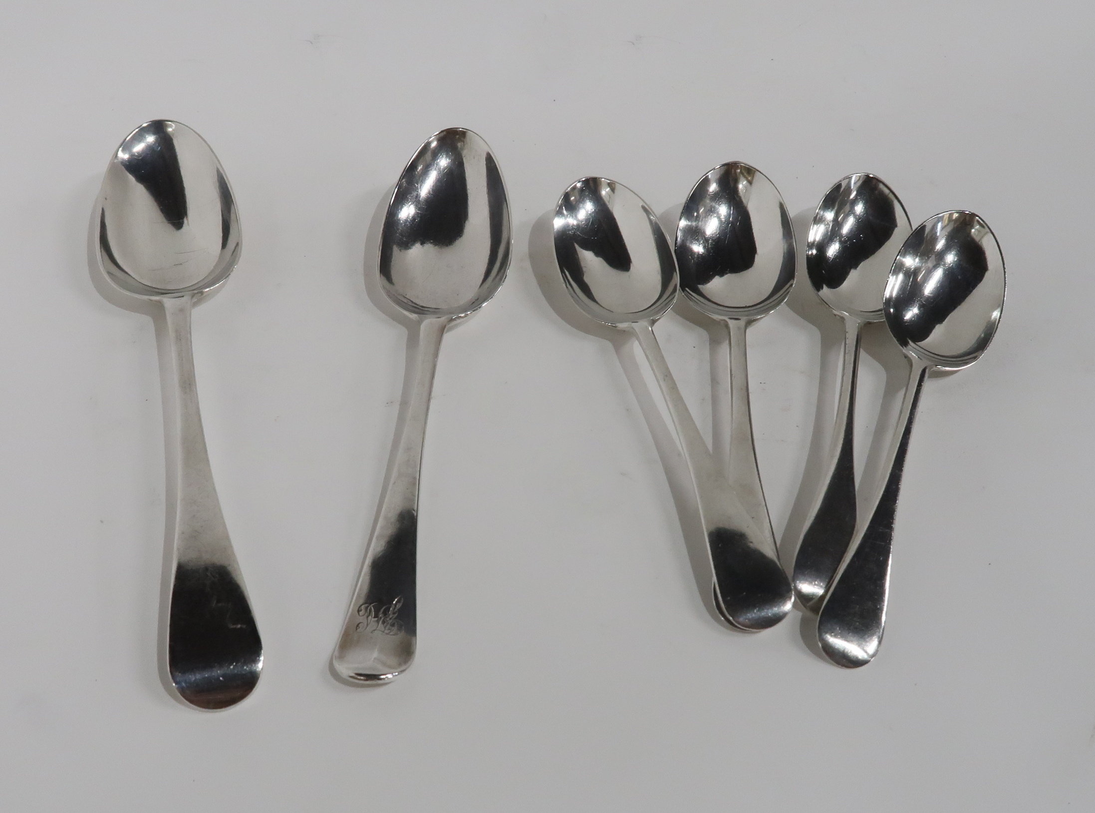 A SILVER TABLE SPOON BY MARY CHAWNER London 1835, with another table spoon and four silver dessert