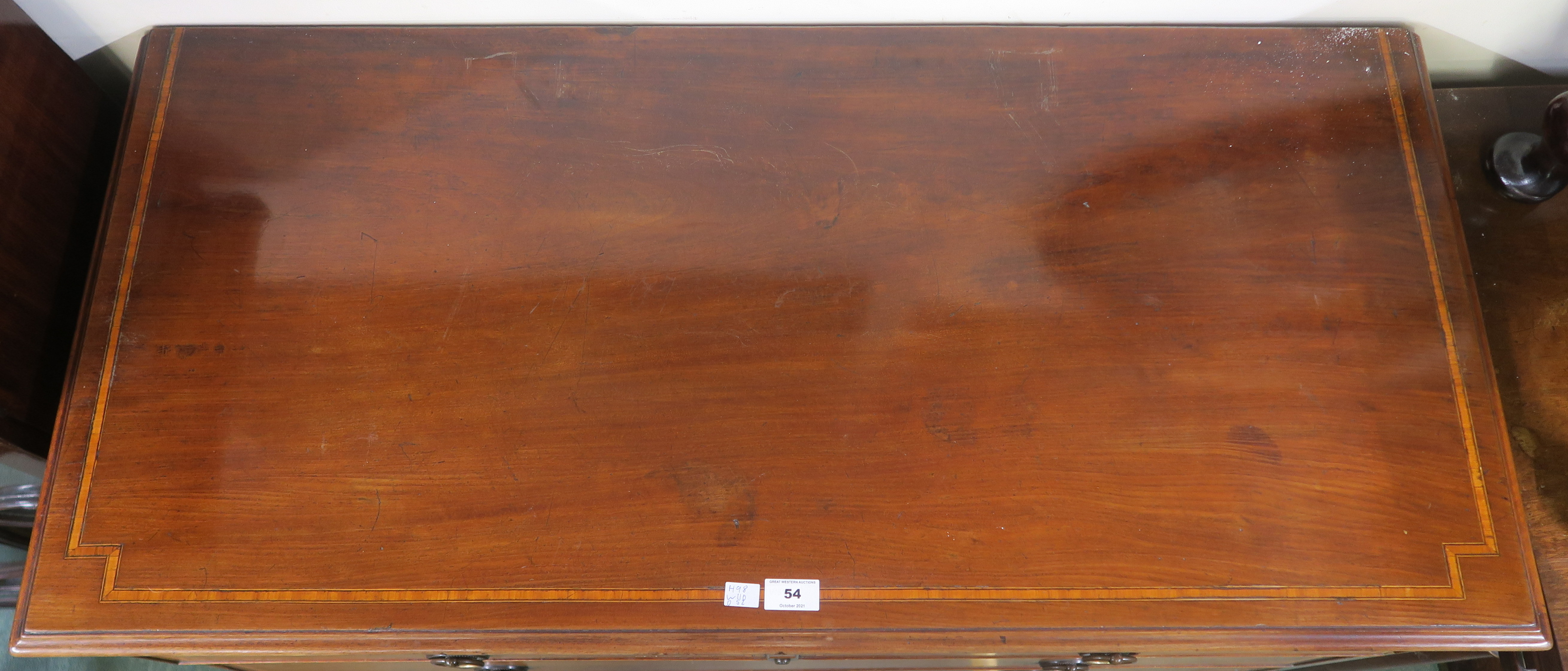 A Georgian inlaid mahogany two over three chest of drawers on bracket feet, 98cm high x 110cm wide x - Image 2 of 5