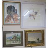 A modern print of a deer, oil on board Dutch scene and two other pictures (4) Condition Report: