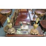 A pair of brass and onyx candle holders, onyx telephone and a walking stick (4) Condition Report: