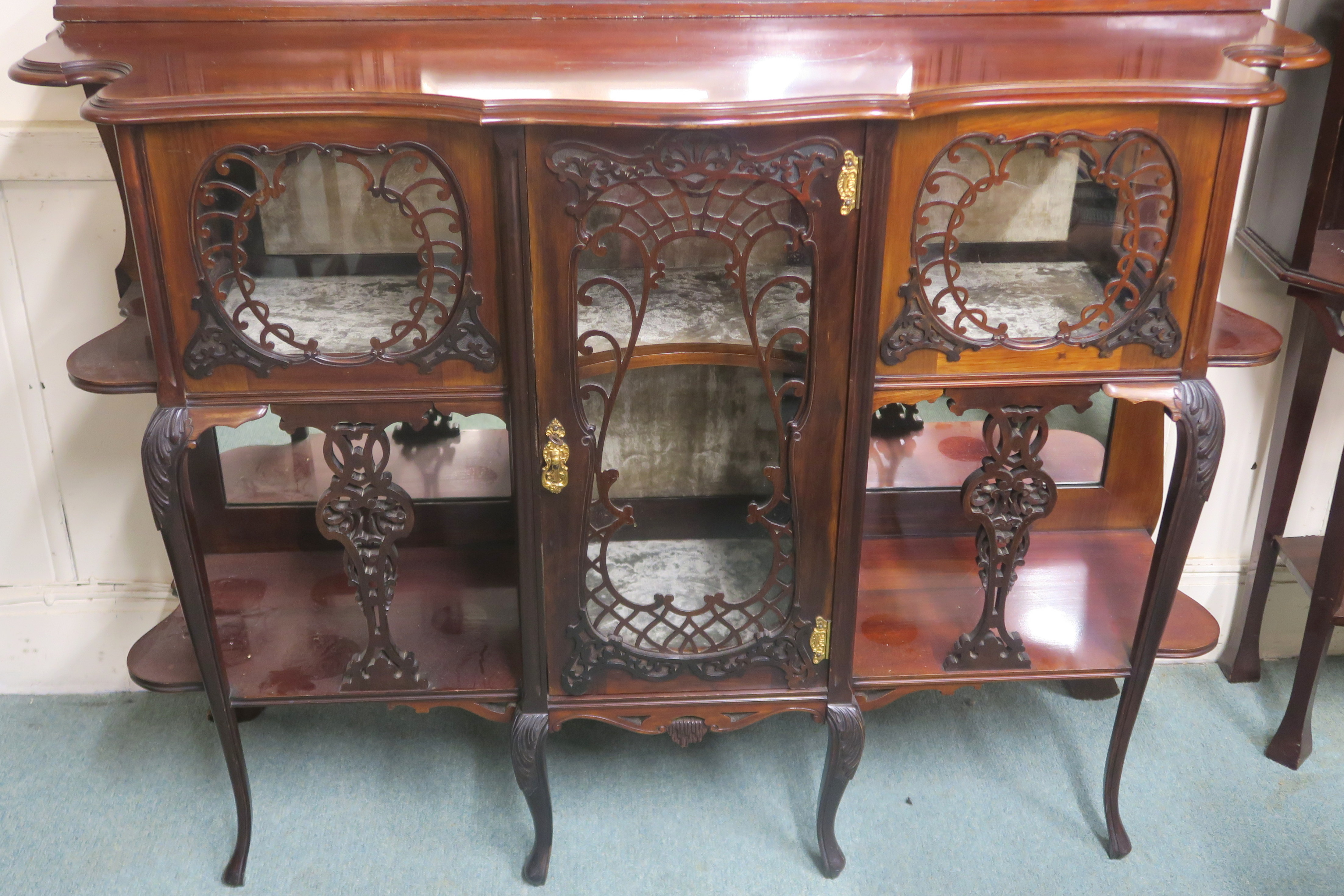 A Victorian mahogany display cabinet with pierced fret work on glazed doors and open shelves with an - Image 3 of 3