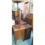 A Victorian inlaid mahogany bedside cabinet, a walnut bedside cabinet and a mahogany plant stand (3)