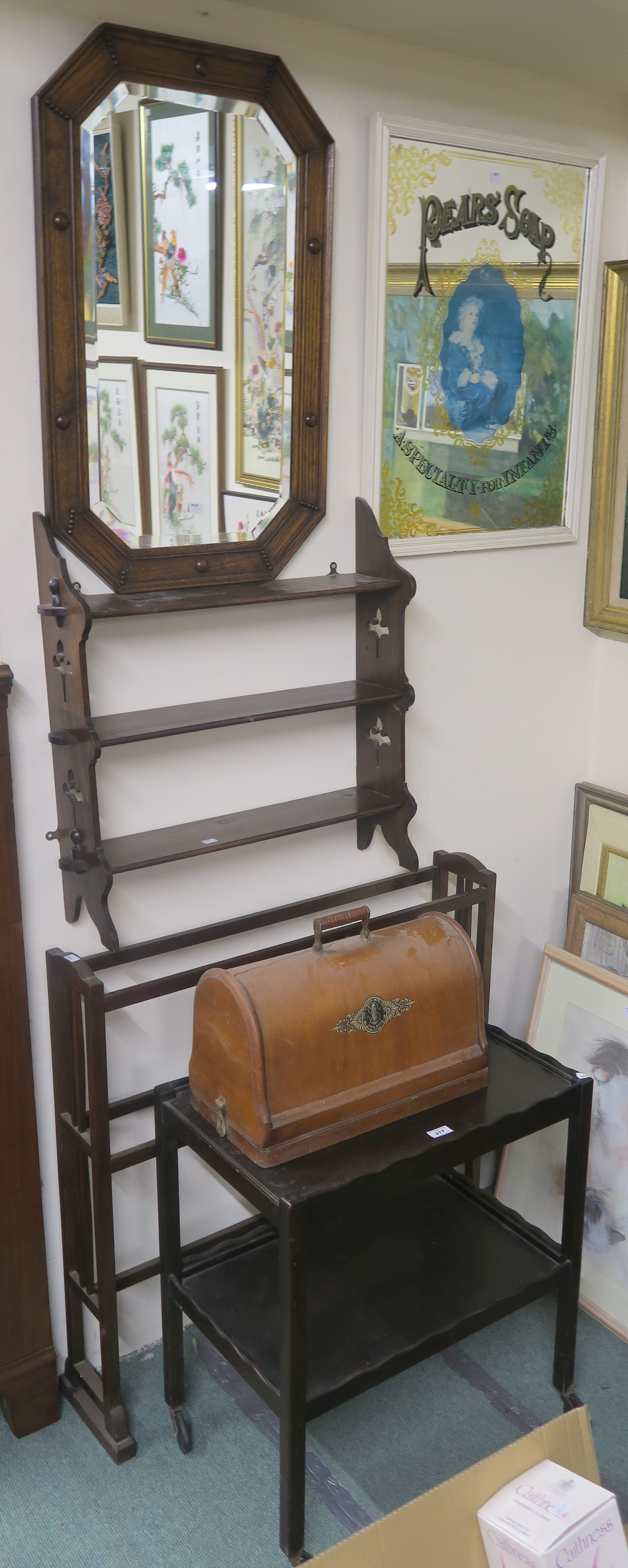 An oak mirror, Pears Soap mirror, Singer sewing machine, trolley, airer and shelves (6) Condition