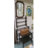 An oak mirror, Pears Soap mirror, Singer sewing machine, trolley, airer and shelves (6) Condition