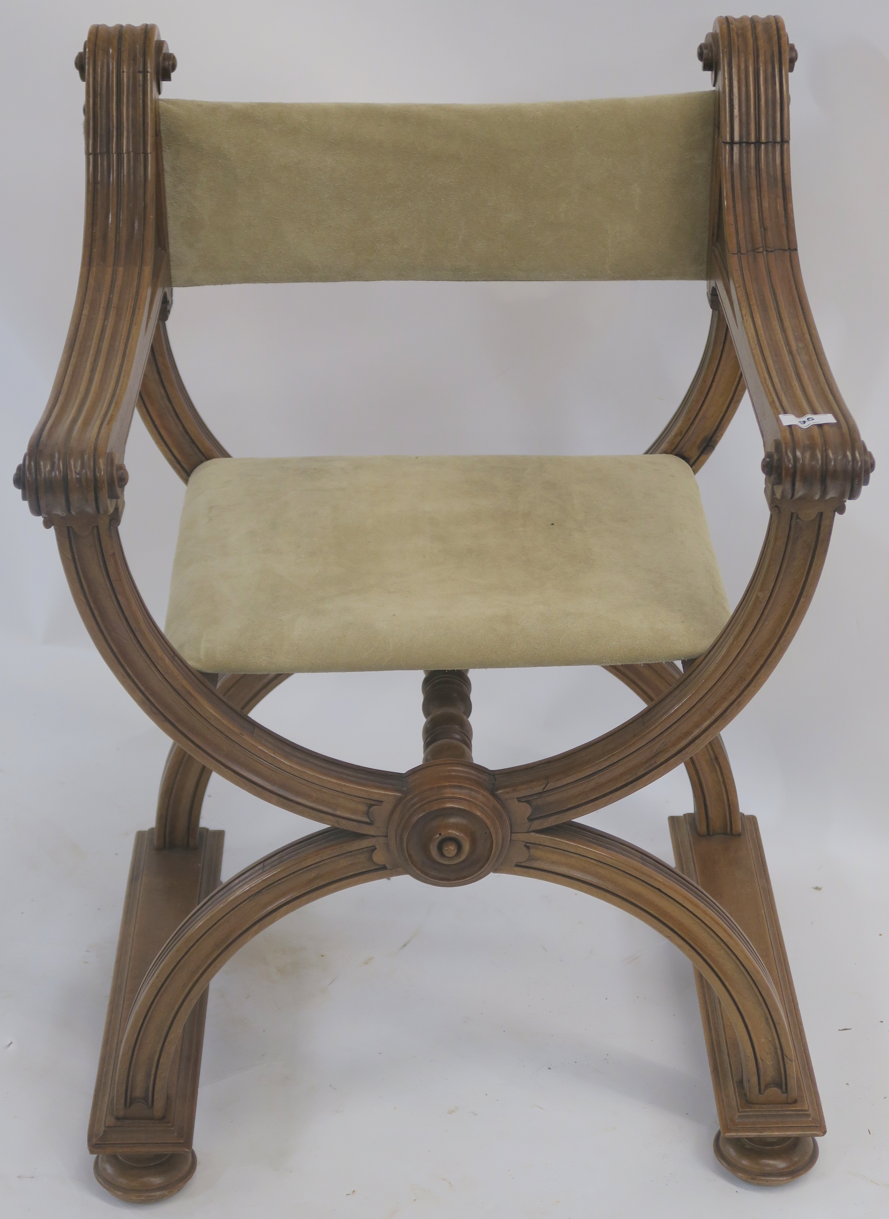 A reproduction mahogany X frame chair with suede seat and back Condition Report: Available upon - Image 2 of 3