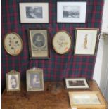 A small pencil drawing of Milliken House, various prints and two brass photo frames, (10)