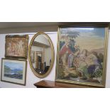 A loch scene watercolour, framed woolwork, mirror and a print (4) Condition Report: Available upon