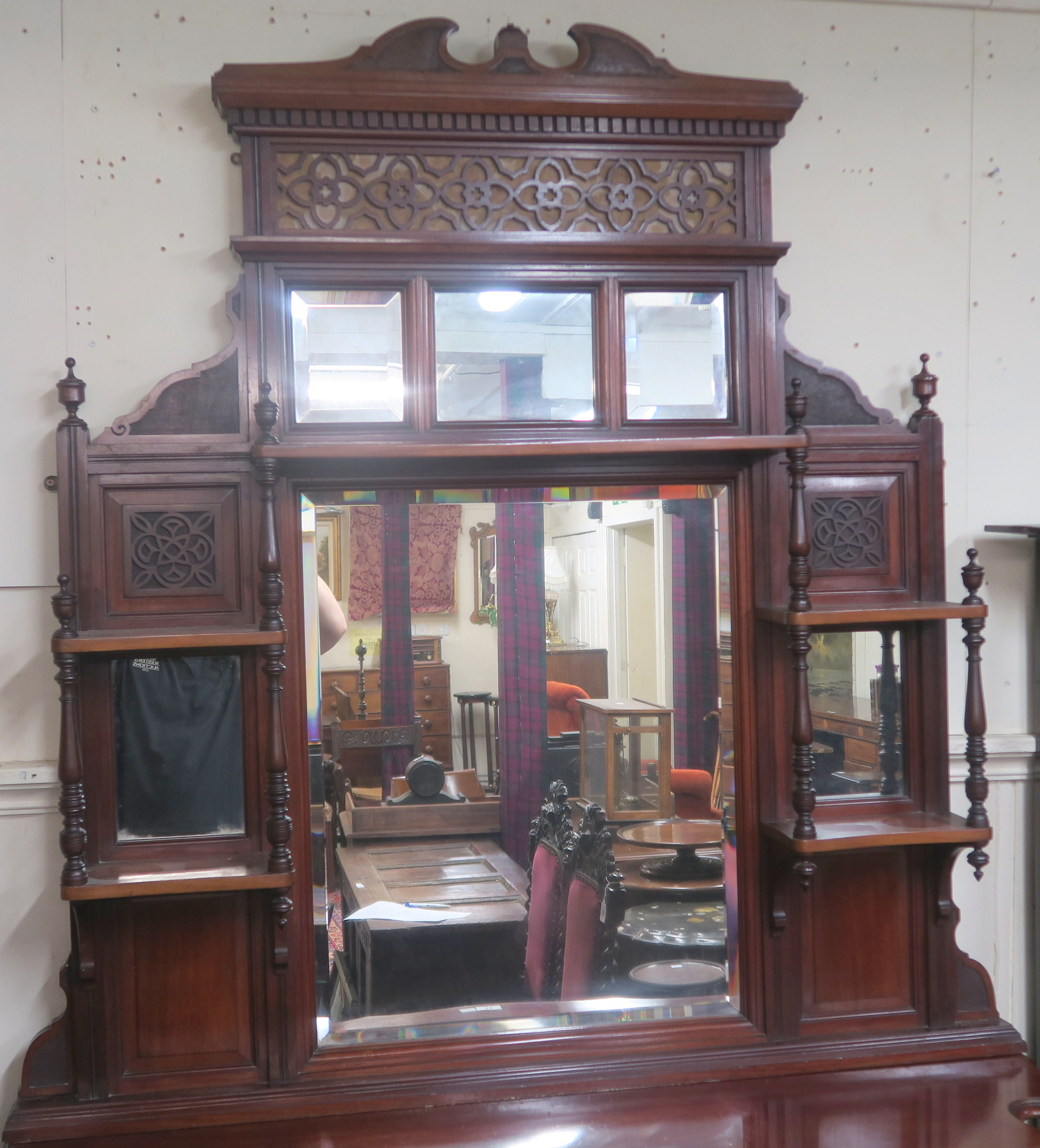 A Victorian mahogany display cabinet with pierced fret work on glazed doors and open shelves with an - Image 2 of 3