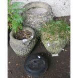 A pair of reconstituted stone planters, planter and a curling stone (no handle) (4) Condition