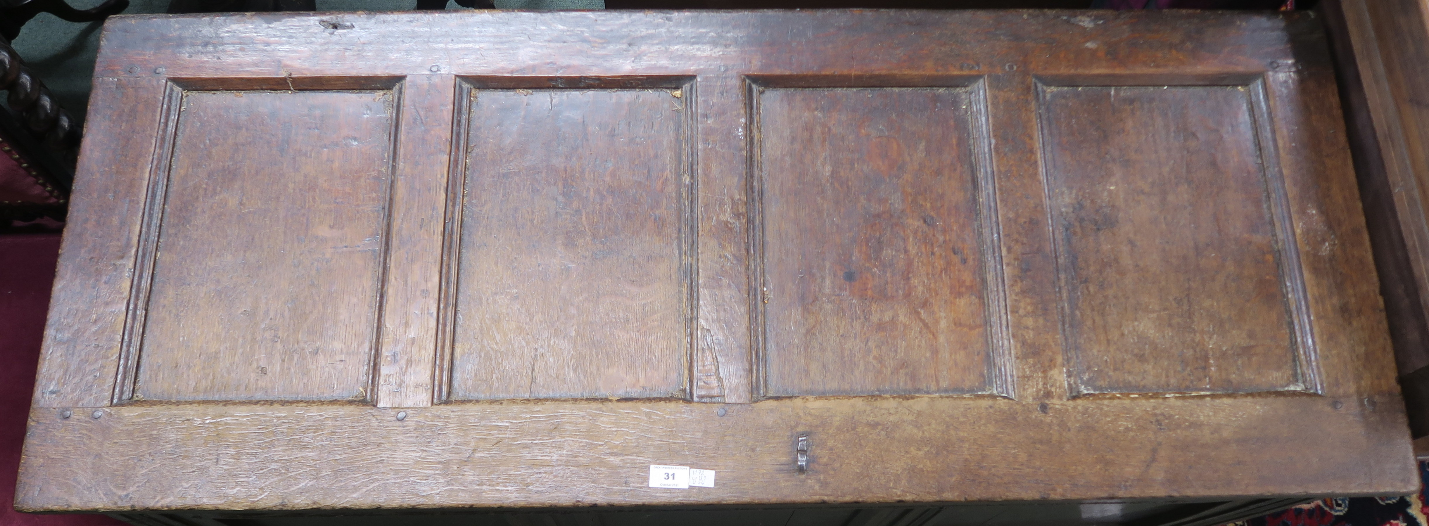 An 18th Century oak panelled coffer with carved frieze, 72cm high x 139cm wide x 56cm deep Condition - Image 3 of 5