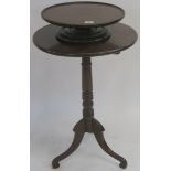 A Victorian mahogany circular tilt top table with tuned support on tripod base,77cm high x 53cm