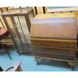 A display cabinet with glazed door, two glass shelves on cabriole legs, 116cm high x 56cm wide x