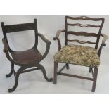 A mahogany ladderback armchair and carved oak x frame chair (2) Condition Report: Available upon