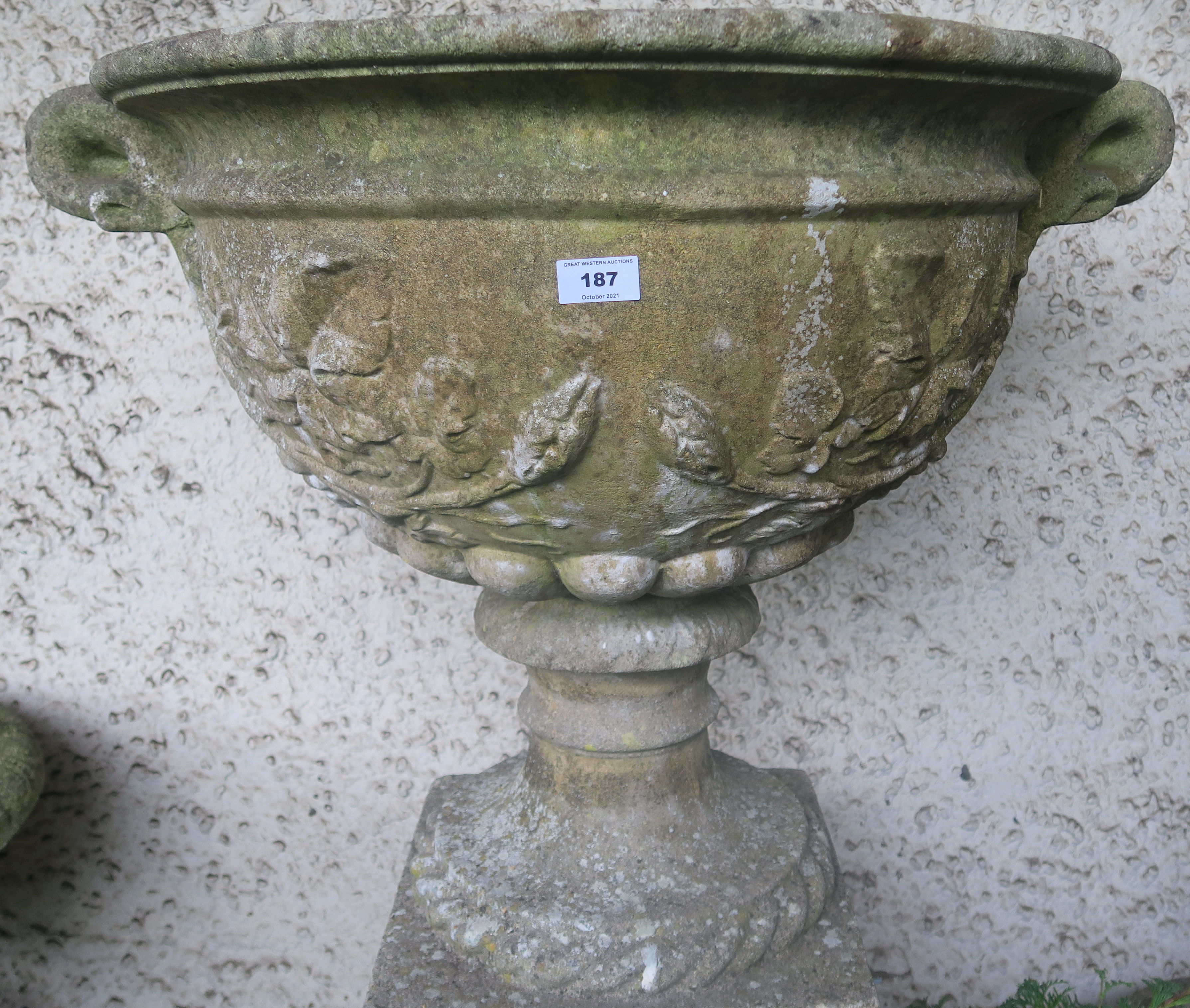 A large reconstituted stone urn on stand, 126cm high and a smaller urn on stand 71cm high (2) - Image 3 of 4
