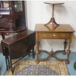 A small mahogany Sutherland table, a reproduction walnut side table with single drawer on cross