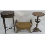 A small oak x frame stool, mahogany occasional table and a mahogany work table (3) Condition Report: