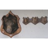 A taxidermy of a boar's head on an oak shield and a deer hoof coat rack (2) Condition Report: