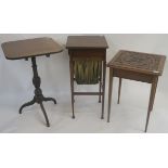 A mahogany side table with carved top, a mahogany tilt top occasional table and a mahogany work