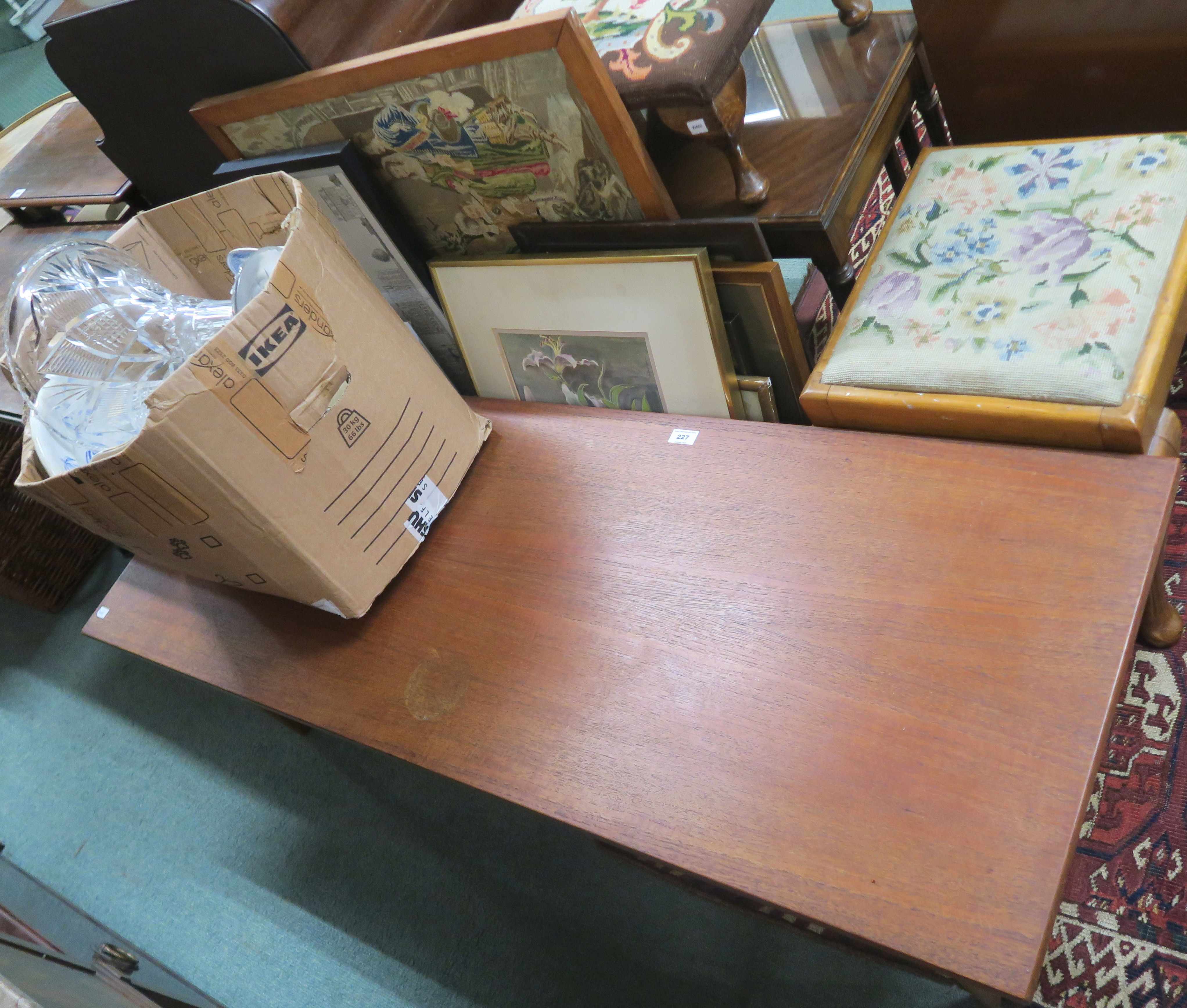 A teak coffee table, various prints, ceramics etc Condition Report: Available upon request