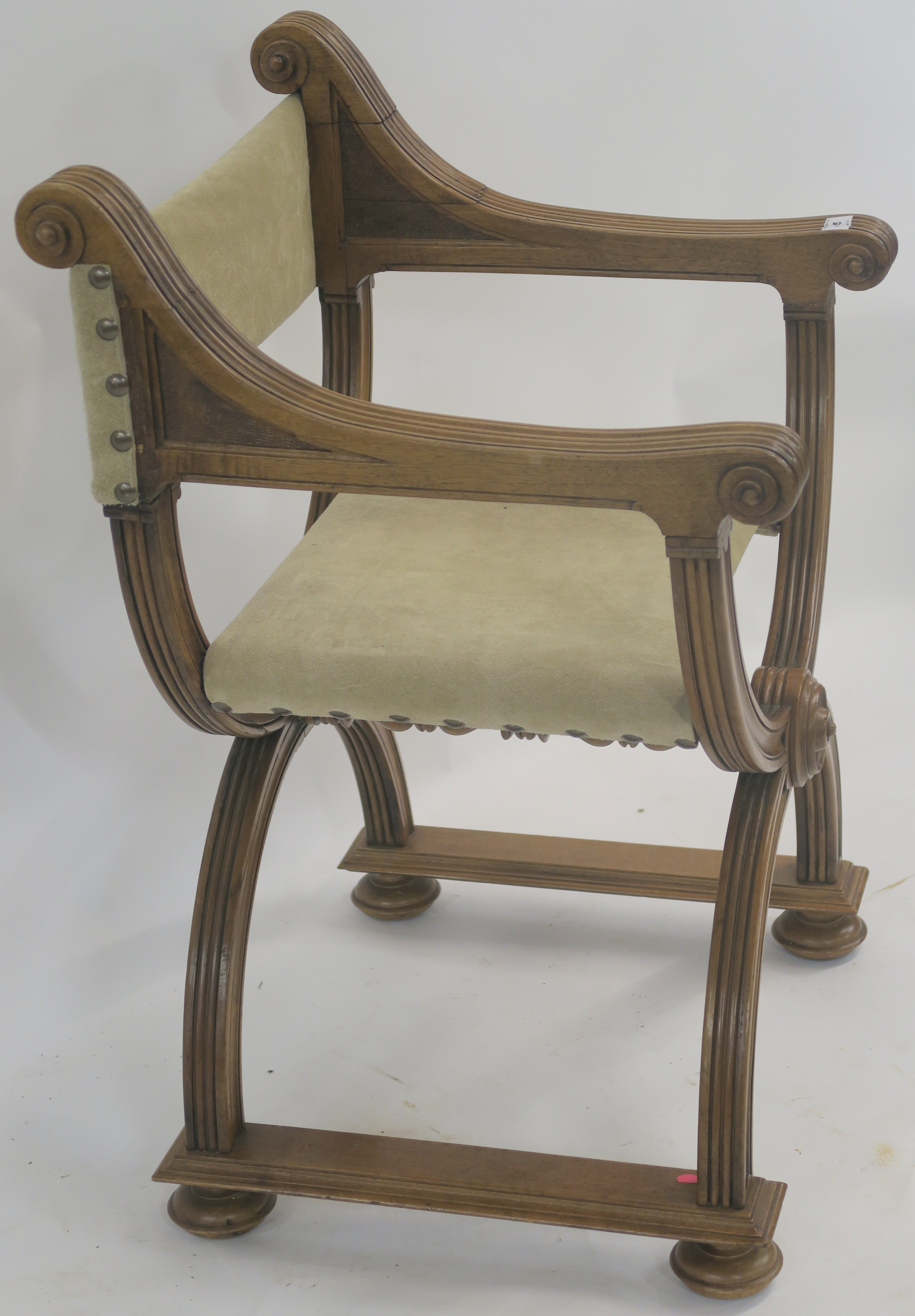 A reproduction mahogany X frame chair with suede seat and back Condition Report: Available upon - Image 3 of 3