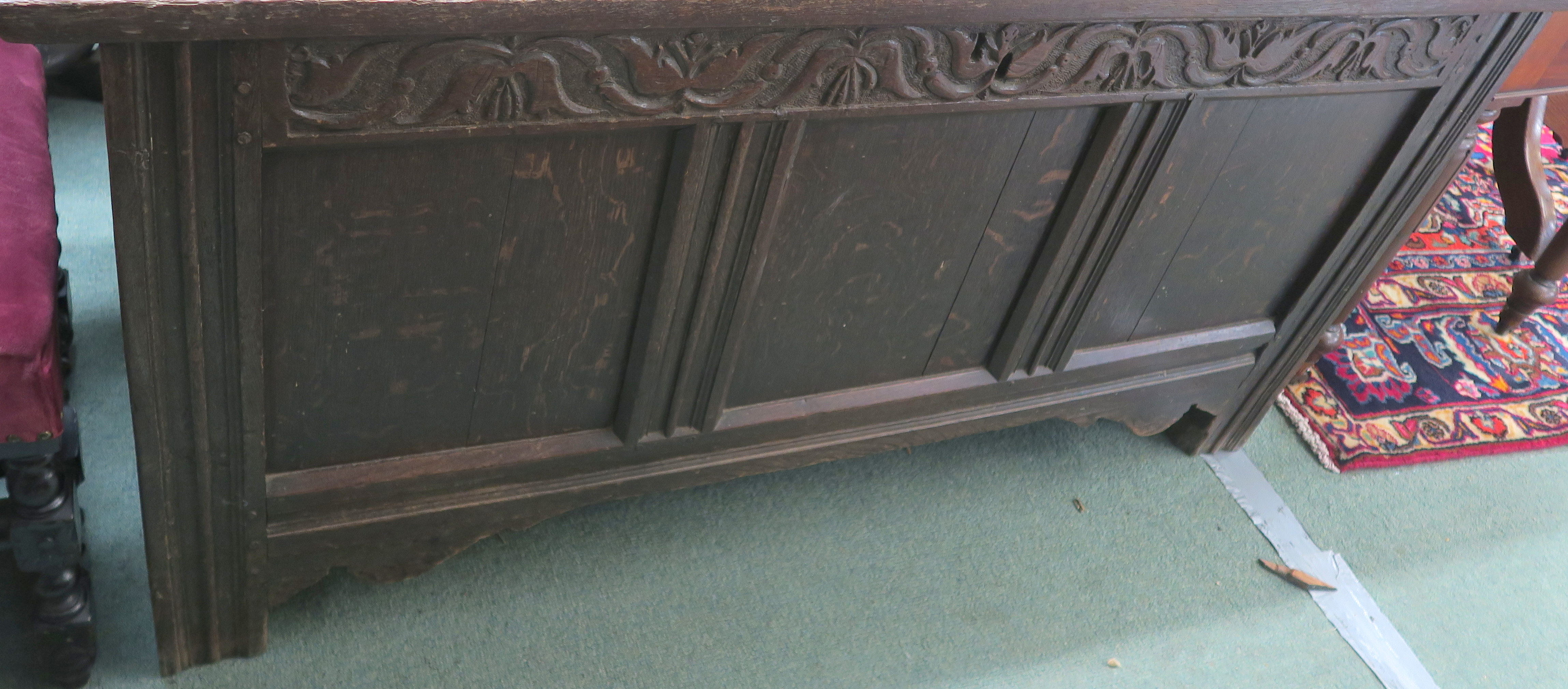 An 18th Century oak panelled coffer with carved frieze, 72cm high x 139cm wide x 56cm deep Condition - Image 2 of 5