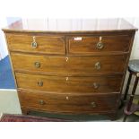 A 19th Century inlaid mahogany two over three bow front chest on bracket feet, 113cm high x 124cm