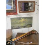 An oil on canvas sailing ships off the coast, signed Dumanoir, wall mirror and nine walking