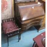 A mahogany bureau with two drawers, 105cm high x 77cm wide x 46cm deep and a piano stool (def) (2)