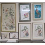 A framed modern wall art and six framed oriental style silk pictures of birds and three unframed (