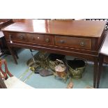 A Georgian inlaid mahogany converted table piano with three drawers on stand, 86cm high x 178cm wide