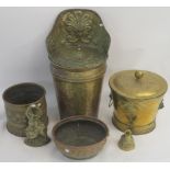 A brass coal bucket, two brass planters, door stop, bell and a brass grape carrier (6) Condition