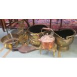 A brass planter, coal bucket and assorted brass and copper items Condition Report: Available upon