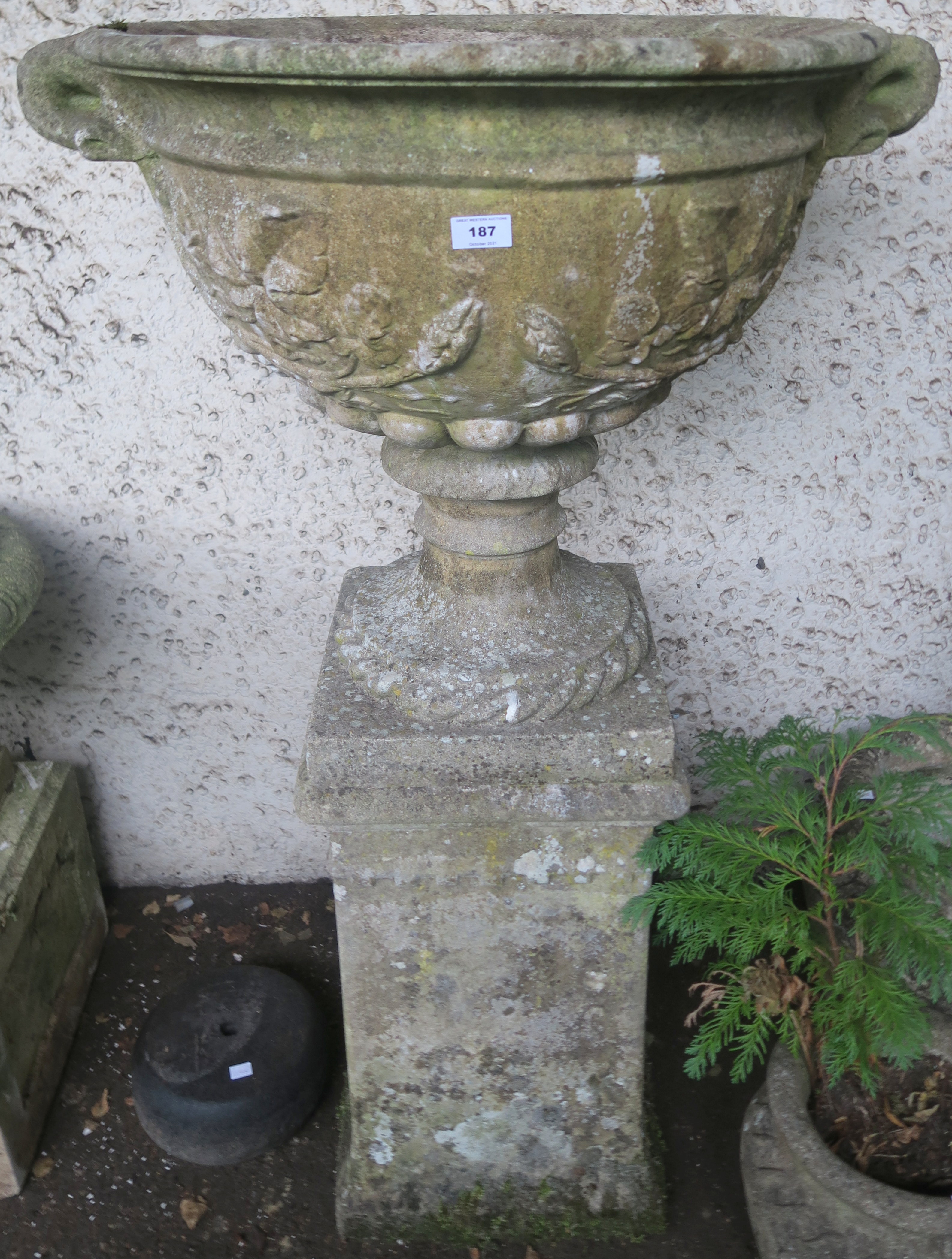 A large reconstituted stone urn on stand, 126cm high and a smaller urn on stand 71cm high (2) - Image 2 of 4