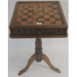 A 20th century games table on tripod base. 79cm high, 47cm wide and 47cm deep. Condition Report: