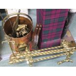 A copper and brass bound coal bucket with assorted fire tools Condition Report: Available upon