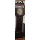 A Victorian mahogany crossbanded long case clock with painted face depicting the stages of life "