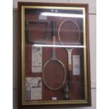 A cased diorama of tennis rackets and racket press, 100cm high and 70cm wide Condition Report: