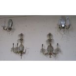 Pair of 19th century converted gilt metal three branch wall lights and a pair of Venetian style