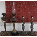 A Victorian copper & brass oil lamp, brass and glass oil lamp and two oak barley twist