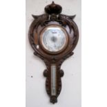 Victorian carved oak barometer thermometer 84cm high and an oak five tier open bookcase 99cm high