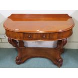 A Victorian mahogany single drawer hall table with carved scroll supports, 74cm high x 106cm wide