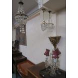 Three glass light fixtures, three armed glass table lamp and a gilt wall sconce (5) Condition