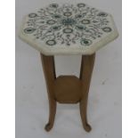 A two tier octagonal occasional table with marble top inlaid with stone and mother of pearl, 53cm